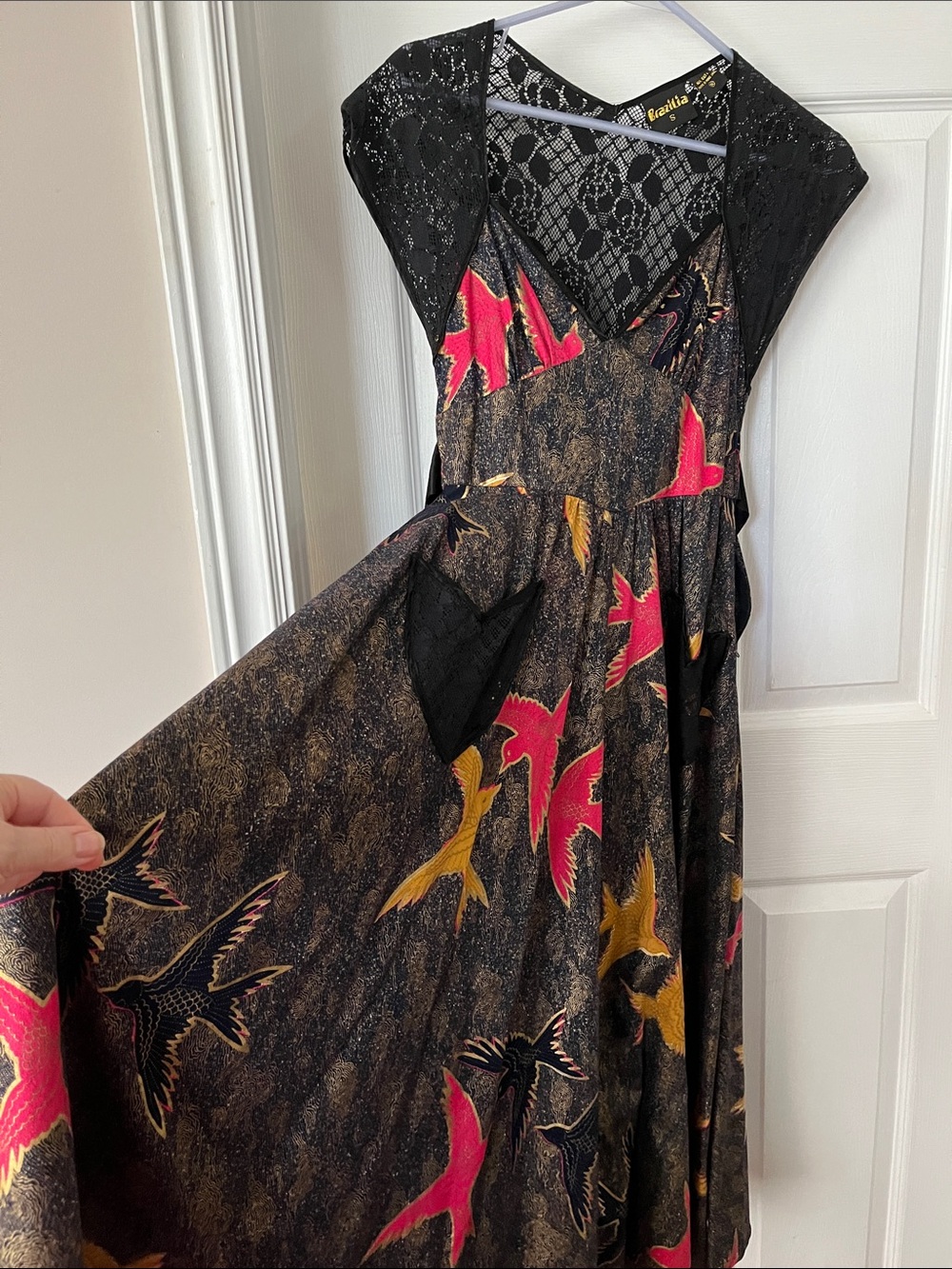 Black Maxi Dress with Pink & Gold Bird Print